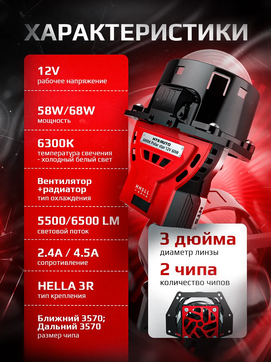 BI-LED линза "PHOENIX LASER" 3 дюйма 12V 6300K